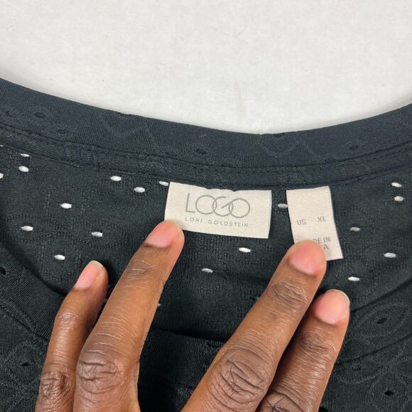 LOGO Lori Goldstein Eyelet Button Front Shirt Minimalist 3/4 Sleeve Black Top XL - Picture 4 of 10